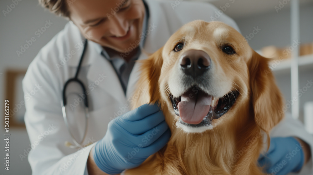 A skilled veterinarian performs a routine check-up on a golden retriever in a well-equipped clinic. The dog's calm demeanor and the doctor's gentle approach highlight the trust and A skilled veterinarian performs a routine check-up on a golden retriever in a well-equipped clinic. The dog's calm demeanor and the doctor's gentle approach highlight the trust and