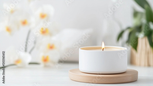 Scented candle with pink cherry blossoms on pastel background, spring home decor, ароматическая свеча, floral aesthetic, wellness, relaxation, copy space