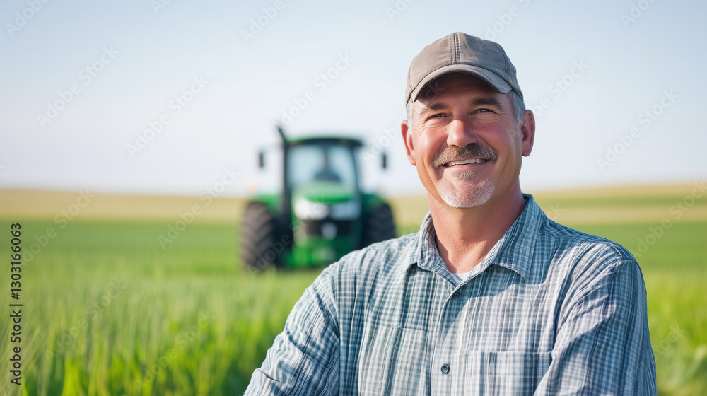 The Heart of Farming: A Dedicated Farmer Standing in a Vibrant Field Capturing the spirit of agriculture, a proud farmer poses in a flourishing field with his tractor in the backgr The Heart of Farming: A Dedicated Farmer Standing in a Vibrant Field Capturing the spirit of agriculture, a proud farmer poses in a flourishing field with his tractor in the backgr