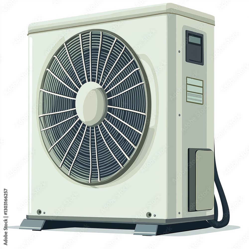 Fototapeta premium A modern outdoor air conditioning unit with a large fan, designed for cooling buildings. A common component of HVAC systems