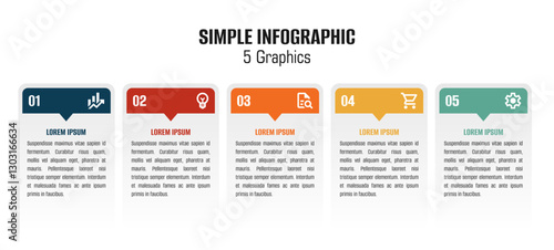 Simple infographic.  5 five color infographic. Infographic with 5 color circles and items. Five steps infographic. Five data infographic, Information graphic
