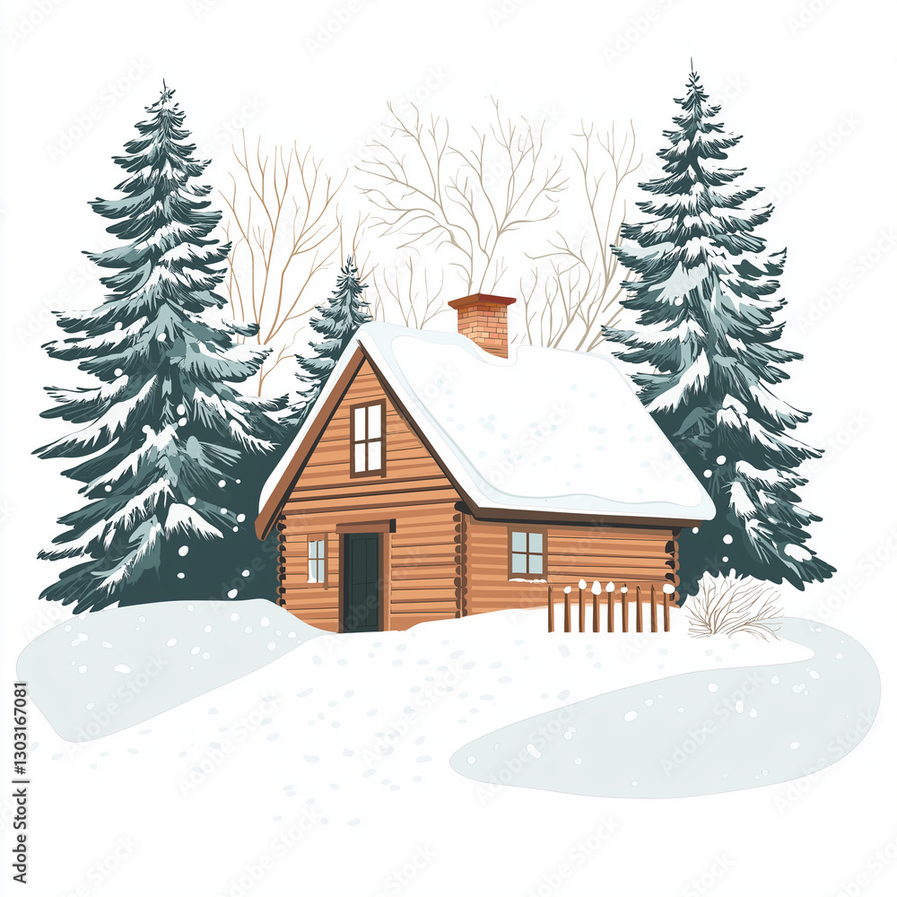 A picturesque wooden cabin with a snow-covered roof, surrounded by pine trees and bare branches, capturing the essence of a winter retreat A picturesque wooden cabin with a snow-covered roof, surrounded by pine trees and bare branches, capturing the essence of a winter retreat