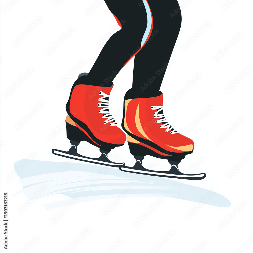 A close-up of a pair of orange and black speed skating boots with sharp ice blades, capturing the moment of acceleration A close-up of a pair of orange and black speed skating boots with sharp ice blades, capturing the moment of acceleration