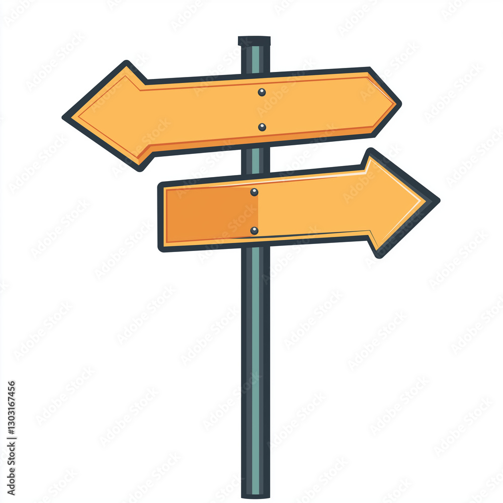 A modern street signpost with two yellow directional arrows pointing in different directions. A simple and clean navigation symbol A modern street signpost with two yellow directional arrows pointing in different directions. A simple and clean navigation symbol