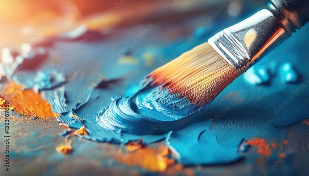 Obraz premium macro close-up of a paintbrush blending thick blue acrylic paint with orange highlights on an artist's palette, creative process