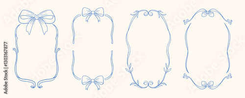 Vintage hand-drawn frames with ribbon bows and elegant swirls in monochrome blue ink. Ideal for invitations, monograms, and stylish branding.