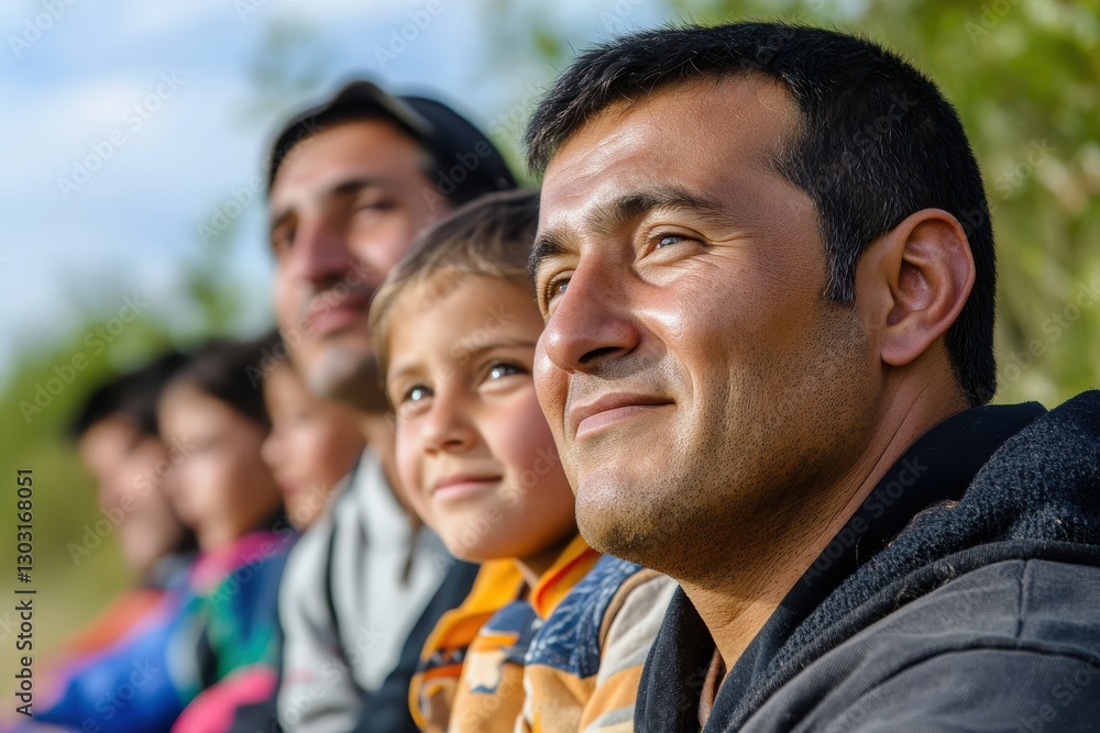 Portrait of Smiling Men and Child Outdoors with Natural Background Portrait of Smiling Men and Child Outdoors with Natural Background