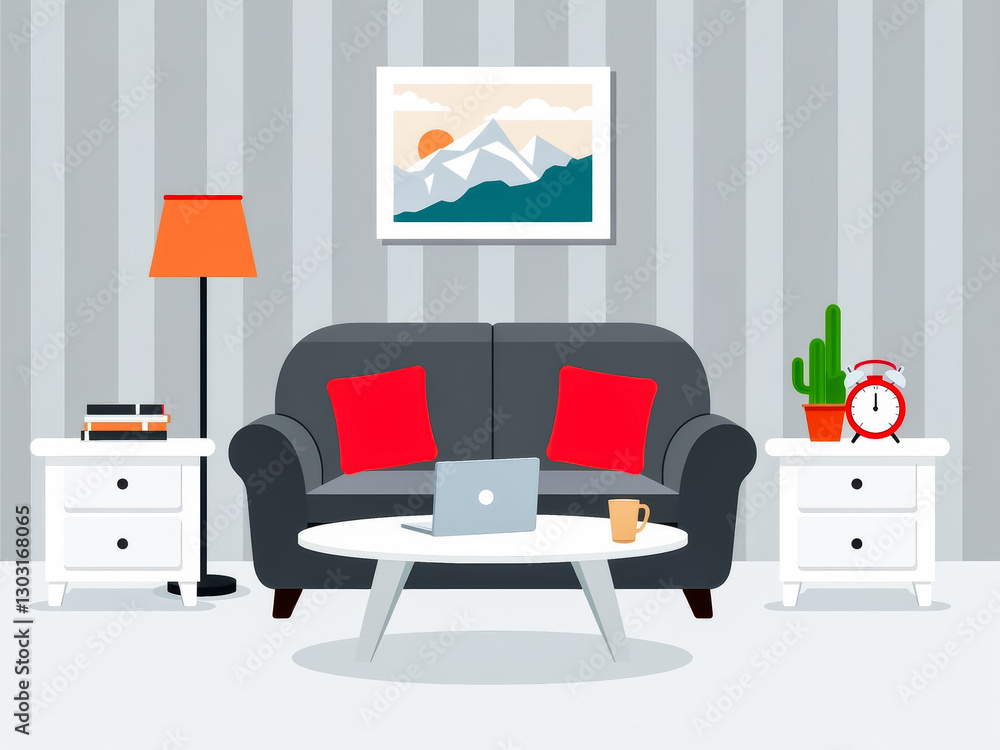 cozy living room with a gray sofa red pillows and a laptop on the coffee table