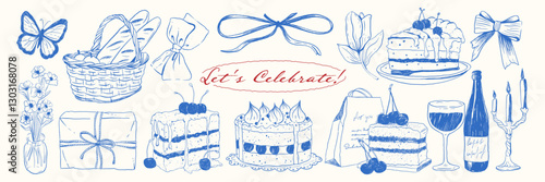 A vintage hand-drawn doodle set with cakes, wine, candles, flowers, and gifts in monochrome blue ink.