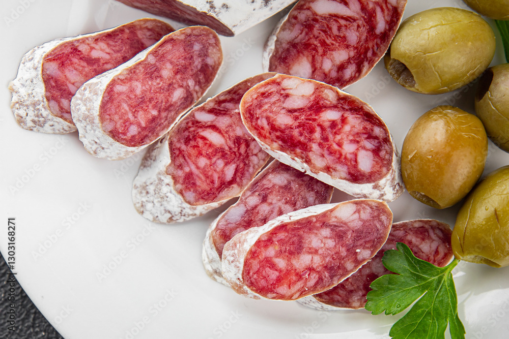Fuet sausage Spanish meat delicacy fresh delicious gourmet food background on the table rustic food top view copy space Fuet sausage Spanish meat delicacy fresh delicious gourmet food background on the table rustic food top view copy space