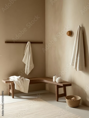 Neutral Toned Bathroom Interior Wooden Bench with Towels Basket and Rug in Soft Lighting Creating a Spa Like Atmosphere