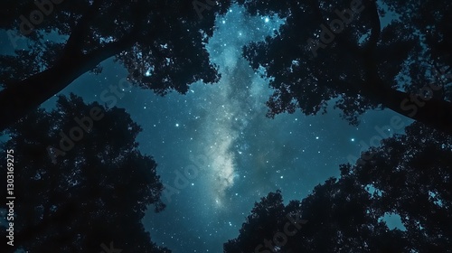 The Milky Way galaxy rising above a forest canopy, framed by silhouetted trees
