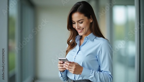 Young businesswoman in business casual clothes browsing social media on smart phone.