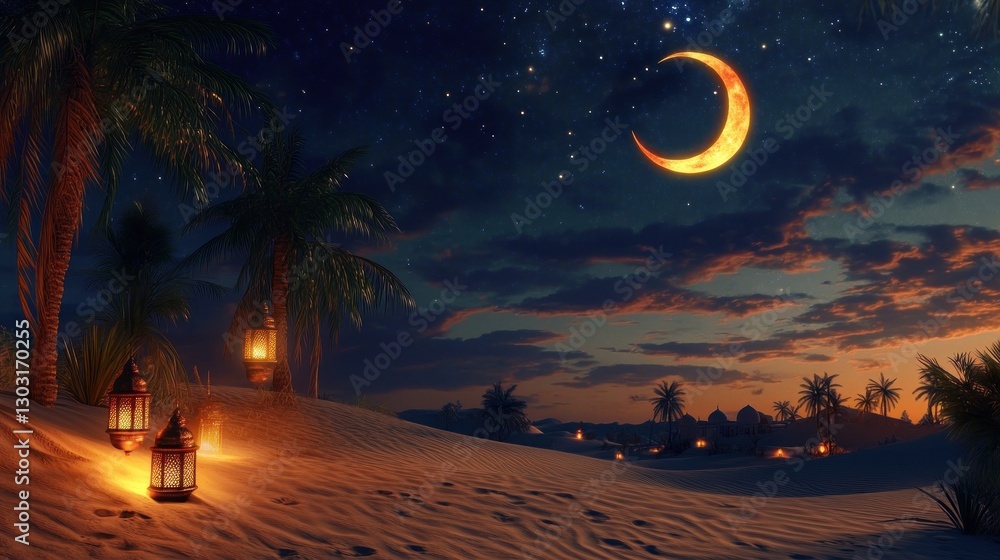A serene desert landscape at twilight, featuring a crescent moon and glowing lanterns. A serene desert landscape at twilight, featuring a crescent moon and glowing lanterns.