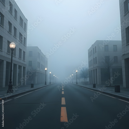 empty foggy street, liminal space, 3d render