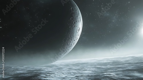 The moon partially hidden by clouds, surrounded by a clear sky filled with stars