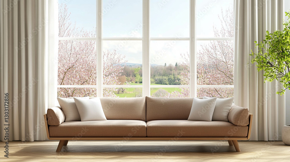 Modern sofa in light brown color in front of a bright white window with a spring landscape view Modern sofa in light brown color in front of a bright white window with a spring landscape view