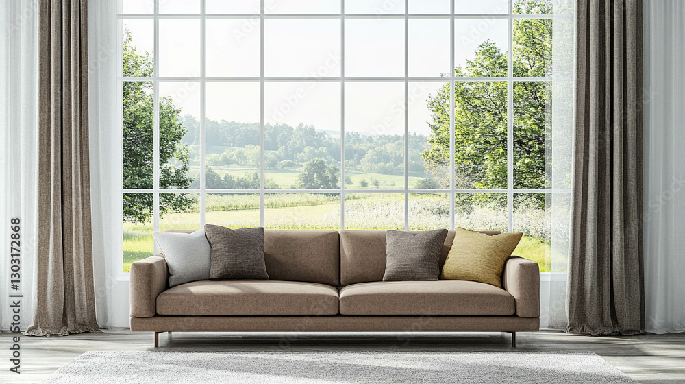 Modern sofa in light brown color in front of a bright white window with a spring landscape view