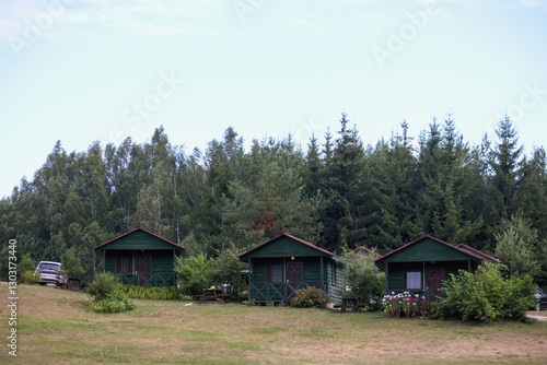 Wallpaper Mural 
three small wooden houses with dark green roofs and walls, located in the forest with a small car on the left. Torontodigital.ca