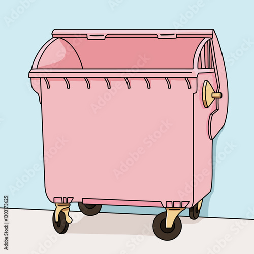 Vector Illustration of an Outdoor Pink Trash Can on SideWalk Background. Urban Waste Bin with Wheels on a City Sidewalk Against Light Blue Wall