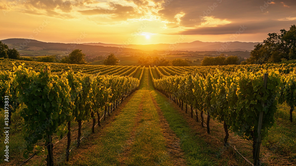 Naklejka premium Explore scenic vineyard rows basking in golden sunset light with distant hills creating a breathtaking backdrop for a tranquil evening. Generative AI