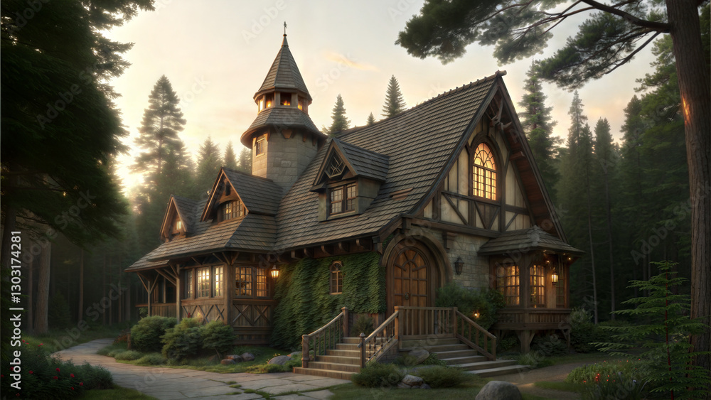Charming wooded house with peak roof in serene forest setting Charming wooded house with peak roof in serene forest setting