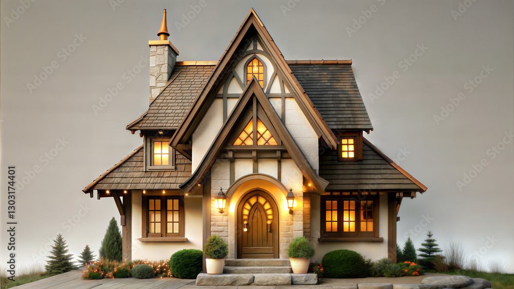 Obraz premium Charming traditional house with warm lights against a twilight sky 
