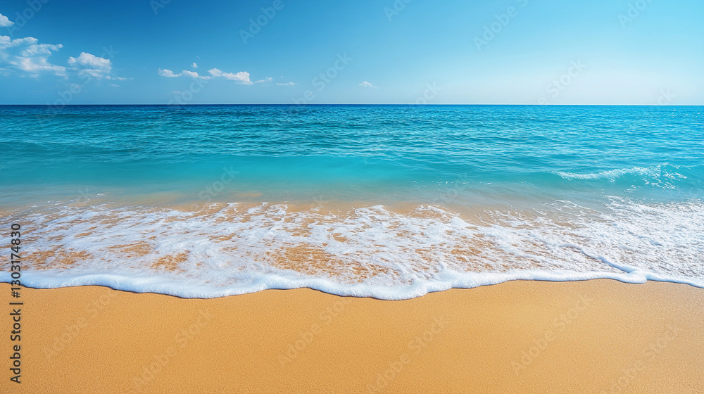 Calm waves gently lap against the soft golden sand under a clear blue sky at a serene beach during midday. Generative AI Calm waves gently lap against the soft golden sand under a clear blue sky at a serene beach during midday. Generative AI