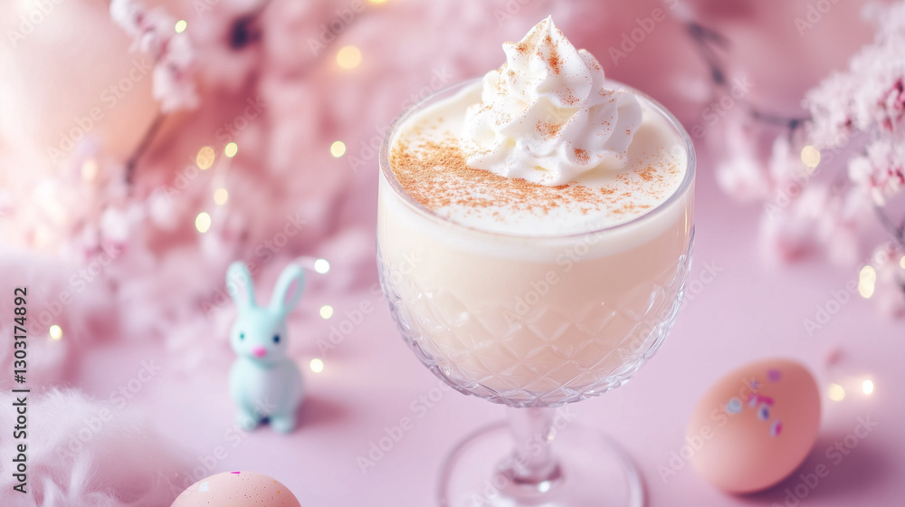 A pastel pink Easter-themed dessert with whipped cream, bunny figurine, perfect for celebration, party food, sweet treat, and food presentation. A pastel pink Easter-themed dessert with whipped cream, bunny figurine, perfect for celebration, party food, sweet treat, and food presentation.