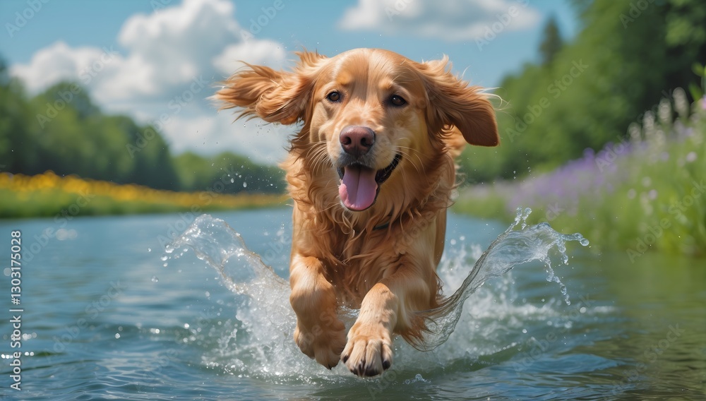 A joyful golden retriever splashes in water, enjoying a playful moment outdoors. A joyful golden retriever splashes in water, enjoying a playful moment outdoors.