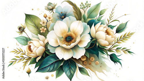 Elegant floral bouquet with green leaves on a white background  