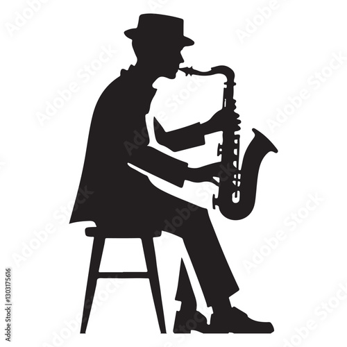 Silhouette of a Saxophone Player Seated on a Stool Vector Art