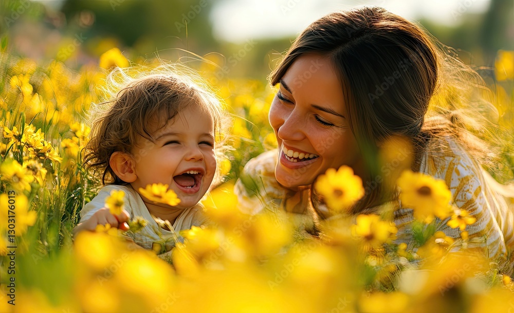 A happy mother and her child lying in a field of yellow flowers, laughing. A happy mother and her child lying in a field of yellow flowers, laughing.