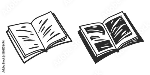 Open Book Sketch - Transparent Engraving, Scratch-Board Black & White Illustration