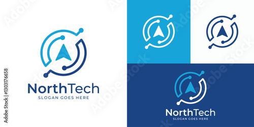 Creative north tech logo template. Compass tech logo design vector illustration.