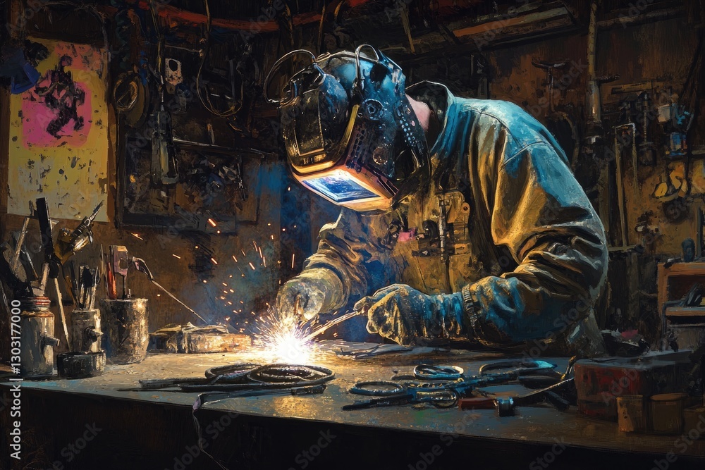 A person welding in an industrial setting, wearing protective gear and surrounded by metal materials. A person welding in an industrial setting, wearing protective gear and surrounded by metal materials.