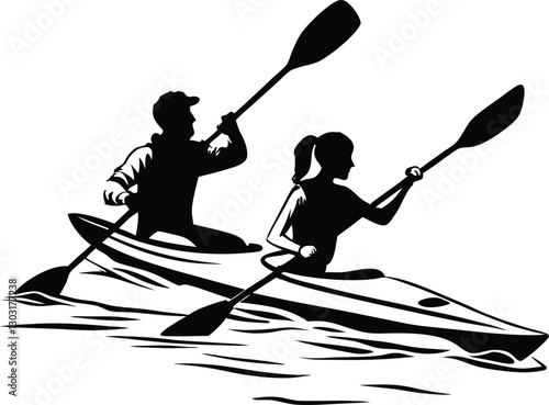 A Vector Silhouette of a Male and Female Flat Water Kayaking Together in a Tandem Kayak