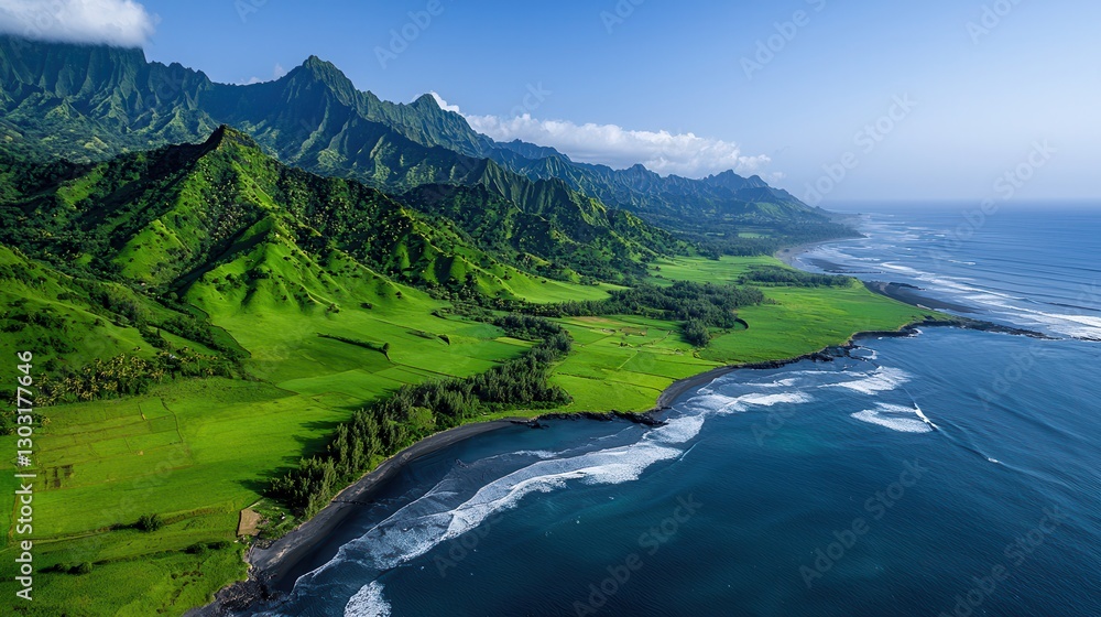 Fototapeta premium Lush Green Mountains Overlooking Serene Coastal Landscape with Blue Ocean Waves