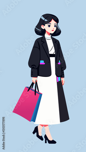 woman, shopping, bag, lifestyle, sale, shopaholic, person, fashion, girl, consumerism. Full-length character.Vector isolated illustration. Flat character portrait.
