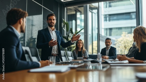 Teenager giving a presentation in a corporate boardroom, colleagues listening attentively