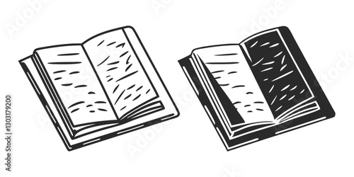 Open Book Sketch - Transparent Engraving, Scratch-Board Black & White Illustration