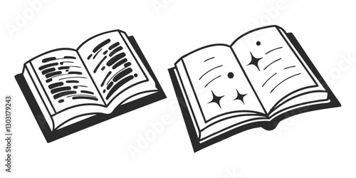 Open Book Sketch - Transparent Engraving, Scratch-Board Black & White Illustration