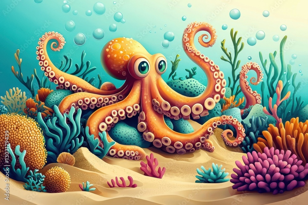 Fototapeta premium A lively depiction of colorful reefs and coral teeming with marine life in a sand environment.