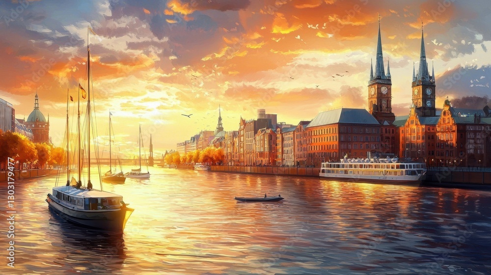 Naklejka premium A picturesque view of Hamburg's skyline captured in an oil painting.