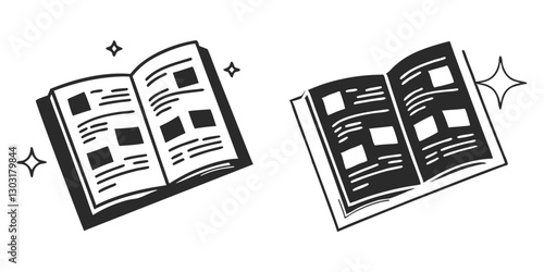 Open Book Sketch - Transparent Engraving, Scratch-Board Black & White Illustration