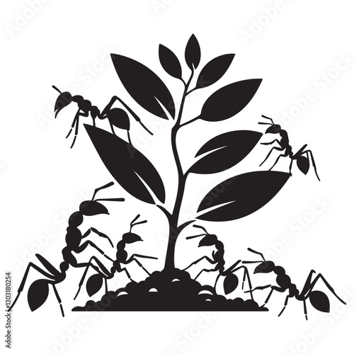 Ant Colony Silhouette Vector Art Working Together on Plant