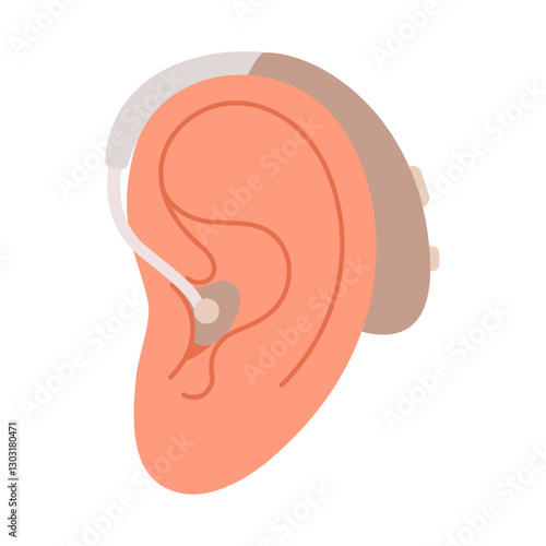 Human ear with attached hearing aid. Hand drawn flat style isolated icon. Inclusion and diversity. Digital hearing aid. Neuroprosthesis for a deaf person. Hearing loss treatment and prosthetics