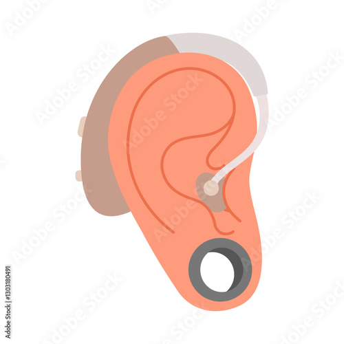 Human ear with attached hearing aid. Hand drawn flat style isolated icon. Inclusion and diversity. Digital hearing aid. Neuroprosthesis for a deaf person. Hearing loss treatment and prosthetics
