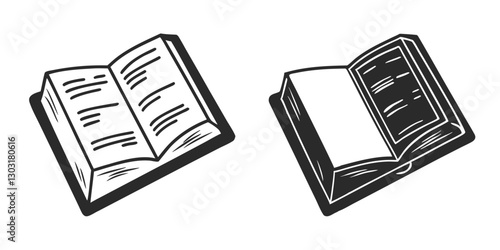 Open Book Sketch - Transparent Engraving, Scratch-Board Black & White Illustration