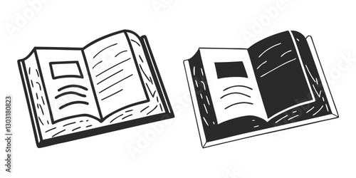 Open Book Sketch - Transparent Engraving, Scratch-Board Black & White Illustration
